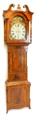 W.Helliwell, Leeds. A longcase clock, with an arched painted dial, decorated with a biblical tableau, above floral spandrels, with an eight day four pillar movement, in broad figured mahogany and crossbanded case, 249cm high overall.