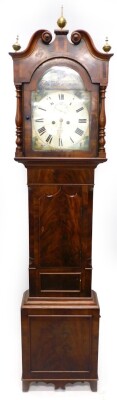 Border, Sleaford. A 19thC longcase clock, with an arched dial painted with an early steam train and a bridge, above spandrels decorated with country scenes of fishermen, and cows, etc., with an eight day four pillar movement, in figured mahogany case, 238