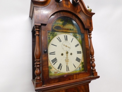 Border, Sleaford. A 19thC longcase clock, with an arched dial painted with an early steam train and a bridge, above spandrels decorated with country scenes of fishermen, and cows, etc., with an eight day four pillar movement, in figured mahogany case, 238 - 2