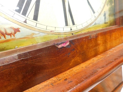 Border, Sleaford. A 19thC longcase clock, with an arched dial painted with an early steam train and a bridge, above spandrels decorated with country scenes of fishermen, and cows, etc., with an eight day four pillar movement, in figured mahogany case, 238 - 3