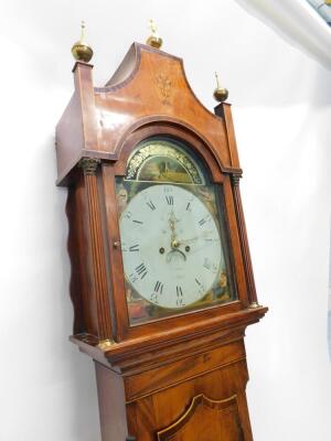 Camm, Brigg. An early 19thC longcase clock, with an arched dial painted with a village church, a lake and a traveller on horseback, above four spandrels decorated with female figures emblematic of the seasons, with an eight day four pillar movement, in ma - 2