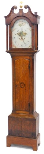 Marshall, Lincoln. An early 19thC longcase clock, the arched dial painted with flowers and with a central moon phase, decorated with a sailing ship, etc., with an eight day four pillar movement in an inlaid oak and mahogany case, 222cm high.