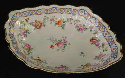 A late 18thC Derby porcelain lozenge shaped dish in the Sevres style, with a scalloped edge, the gilding by Soar and painted garlands of flowers by Edward Withers, hand decorated factory mark of 'D' above a crown in puce to underside, circa 1781-1784, pos