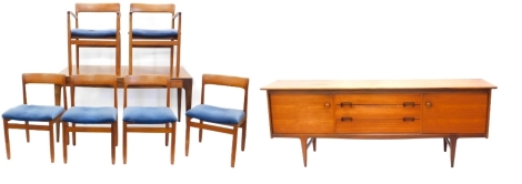 A retro teak low sideboard, with three central drawers, flanked by two doors on square tapering legs, labelled for Times Furnisher's, 208cm wide, a similar teak extending dining table on square tapering legs and a set of six Scandinavian style chairs, eac