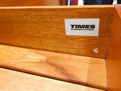 A retro teak low sideboard, with three central drawers, flanked by two doors on square tapering legs, labelled for Times Furnisher's, 208cm wide, a similar teak extending dining table on square tapering legs and a set of six Scandinavian style chairs, eac - 2