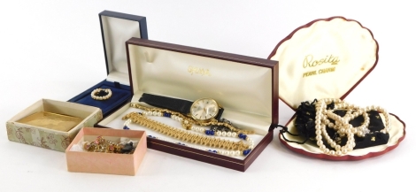 A collection of costume jewellery etc., to include a Seiko automatic gentleman's wristwatch with date, souvenir Cyprus musical Mascot compact, costume jewellery, to include some silver, etc.