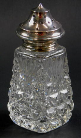 A cut glass and silver mounted sugar sifter, Birmingham 1929, 14cm high.