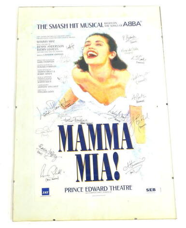 A theatre programme for the Prince Edward Theatre production of Mamma Mia, signed by members of the cast, framed, 61cm x 40cm overall.