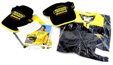 A collection of Jordan Formula One memorabilia endorsed by Benson and Hedges, to include photographs, two caps, a polo shirt size XL, and a pen.