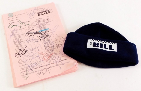 A 'The Bill' script, for episode 193 'Promised Land,' signed by a number of the cast, and a 'The Bill' hat.