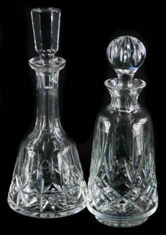 A cut glass decanter and stopper, unmarked 28cm high, and a mallet shaped cut glass decanter with stopper, unmarked, 32cm high. (2)