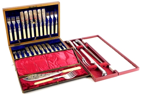 A collection of silver plate, to include a set of fish knives and forks, fish servers, etc.