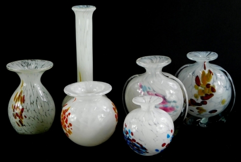 A collection of Mdina white and coloured mottled glass, mainly vases in differing colours and shapes, etc. (6)