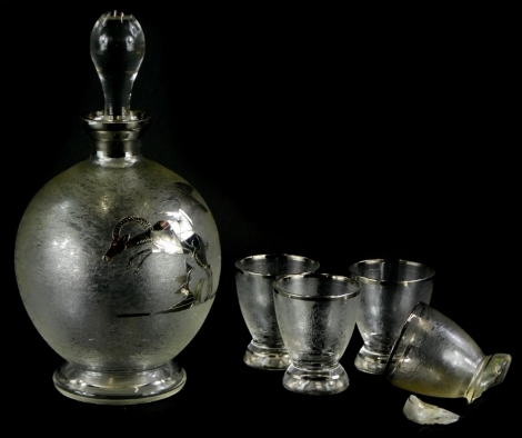 An Art Deco glass part liqueur set, with silver overlay of a nude female. (glasses AF)