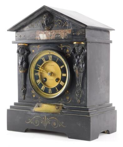 A late 19thC French black slate, parcel gilt and marble portico shaped mantel clock, with bronzed metal mounts, the dial signed William Gadsby, Lincoln, 31cm high.