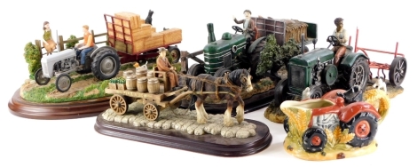 A collection of Country Artists and other painted resin tractor groups, to include the Julianna Collection farmer and tractor, Leonardo Collection, etc., and a novelty teapot. (5)