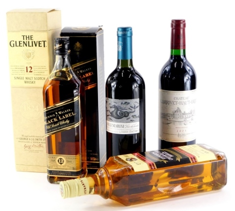 A collection of wines and spirits, to include Glenlivet 12 Years single malt Scotch, Johnnie Walker 12 Years Black Label, Stewart's Cream of Barley Selected Scotch Whisky, a bottle of Italian Colli Marini red wine and Chateaux Larrivet-Hout-Brion 2003 Bor