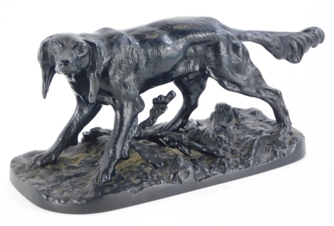 Late 20thC Russian School. Figure and a dog in the manner of Mene, bronzed cast iron, raised marks to underside bearing date 1973, 30cm wide.