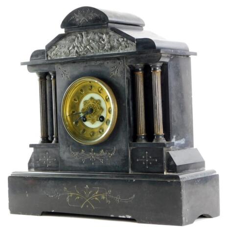 A French black slate and gilt metal mantel clock, with spelter relief cast frieze, gilt dial, the case embellished in gilt, 37cm high.