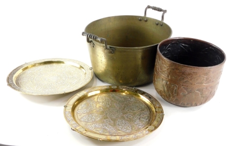 A large two handled brass preserve pan, and various other metalware.