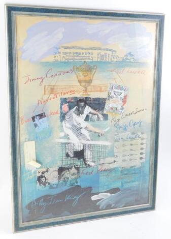 20thC School. Montage, photograph and facsimile signatures of tennis players, to include Boris Becker, Jimmy Connors, Steffi Graf, Evan Lendl, Billy Jean King, etc., coloured lithograph, 68cm x 48cm.