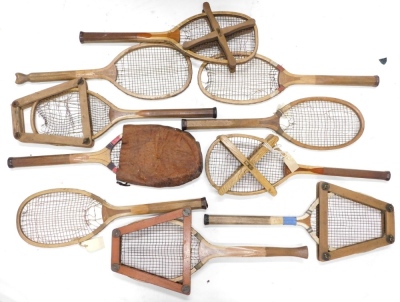 A collection of early 20thC tennis rackets, to include a Clapshaw and Cleave limited Birmingham racket, with fish tail, other 20thC rackets stamped Curtis Leicester, one stamped St Peter's special, another Slazenger Special, a Slazengers limited The Stadi