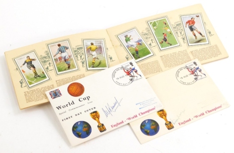 Two 1966 World Cup Football First Day covers, signed by Bobby Moore and Alf Ramsey, and a set of John Player Hints on Association football cigarette cards. (3)