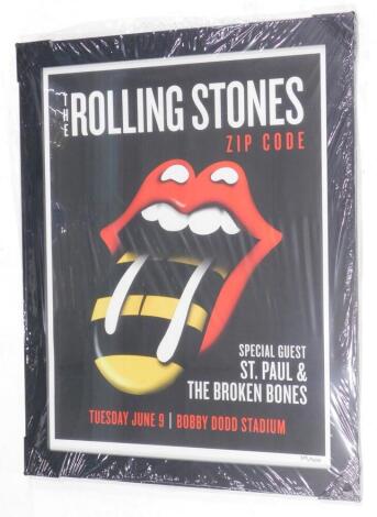 A limited edition Rolling Stones Zipcode tour poster, for Tuesday 9th June, number 319 of 500, 68cm x 53cm.