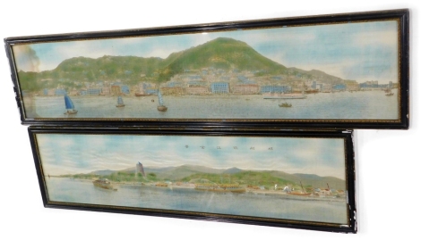 A fabric print, possibly a panoramic view of Hong Kong, etc., 26cm x 120cm, and another similar 26cm x 103cm.