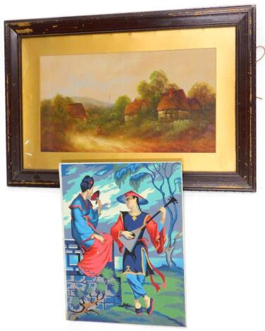 Early 20thC School. Rural landscape with cottages, oil on board, 25cm x 45cm, an oil painting of two oriental figures, on board. (2)