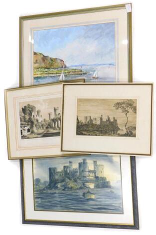 Jean Morgan-Roberts. Conwy Castle, from the Gyffin Road, watercolour, 30cm x 45cm, and a watercolour, signed Doris E Crichton of Conwy Estuary, and two prints of Conwy. (4)