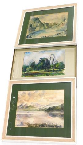 R. Hutchinson. Llyn Padarn Llanberis and Tryfan And Llyn Iowan, watercolour, a pair, 25cm x 33cm and a watercolour of trees signed T Yetton. (3)