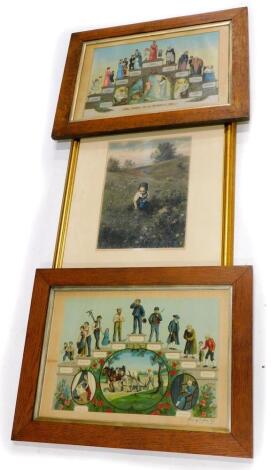 19thC School. The Stages In A Woman's Life and Stages In A Man's Life, coloured prints, a pair, 28cm x 40cm, and a print of a child after Willmann. (3)