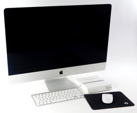 An Apple Mac computer, with 28 inch screen, keyboard, mouse and USB superdrive.