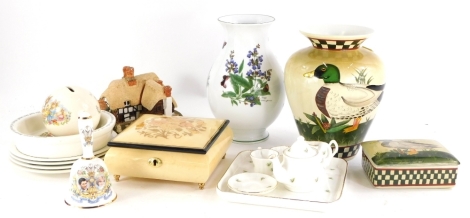 Miscellaneous ceramics, etc., to include Wedgwood Thomas the Tank Engine bowl, Bunnykins money box, Lilliput Lane Thatcher's Rest Cottage, Royal Worcester Herbs pattern vase, Sarah Akin-Smith vase and rectangular box and cover etc. (2 trays)