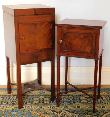 A 19thC mahogany night table, with folding top and another with single door and turned legs. (2)