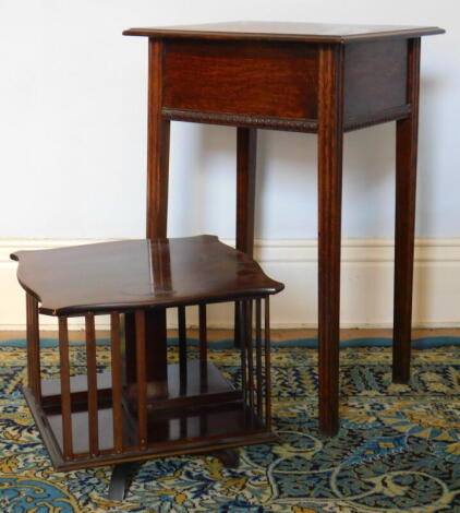 An oak side table, with moulded square taper legs and a mahogany revolving bookcase. (2)