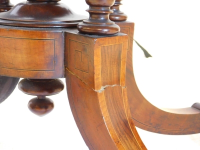 A Victorian walnut and marquetry loo table, with oval top cross banded with amboyna and ebonised panels, turned supports and four sabre legs with acanthus scroll cap feet and castors, 115cm x 76cm. - 3