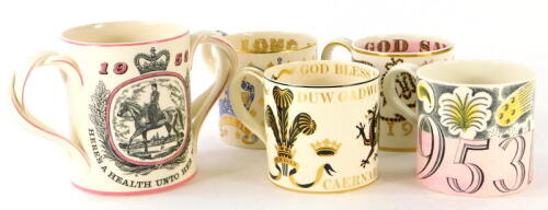 Four Wedgwood commemorative mugs, Coronation of Queen Elizabeth II 1953, designed by Eric Ravilious, Investiture of His Highness Prince Charles, Prince of Wales 1969, designed by Richard Guyatt, 25th anniversary of the Coronation of Queen Elizabeth II, de