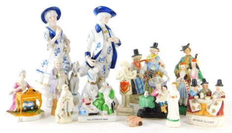 Various pottery and porcelain figures, crinoline ladies, a Welsh tea party group, etc.