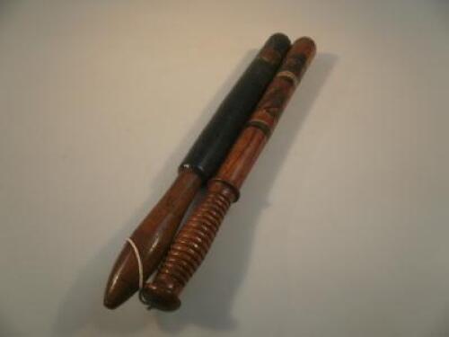 Two Victorian oak truncheons both painted with crown and cypher insignia