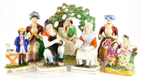 19thC Staffordshire figures of a cobbler and his wife, 16.5cm high, lovers beneath the bow of a tree, 23cm high, another smaller group, (AF), a pair of figures of 'Turks', 20cm high, and a modern figure of the Sheep shearer.