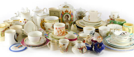 A collection of Royal Commemorative china, enamel beakers, a pair of Royal Worcester candle snuffers, Queen Victoria and Prince Albert, the latter marked limited edition number 354 of 500, and hand painted decorative cabinet plates, (a quantity).