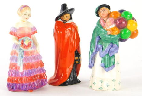 A miniature Royal Doulton figure Bridesmaid 760007, 10cm high, Noke miniature Guy Fawkes HN3271, and The Balloon Seller. (3)