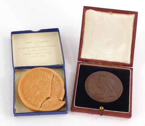 Queen Victoria 1837-1897 wax commemorative medallion, and a 1951 Festival of Britain crown, (AF).