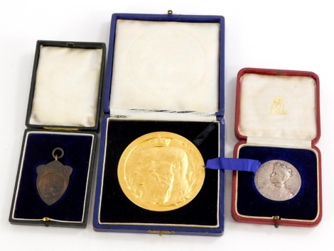 An International Braxelles gilt medallion, cased, Prince of Wales investiture Rifle medallion and a shield fob.