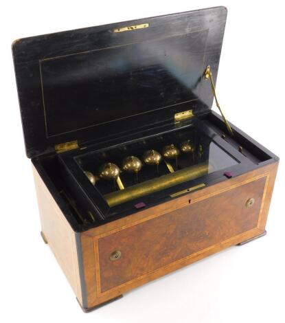 A 19thC Swiss table musical box, with ebonised walnut and cross banded case, the 28cm cylinder striking six graduated bells, 25cm high, 52cm wide, 29cm deep.