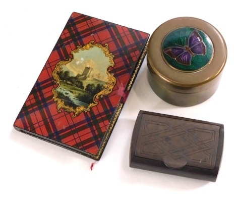 An early 20thC tartan ware notebook blotter, with McGilvray tartan, 10cm high, a treen snuff box, and a solid brass jar with enamel butterfly decoration, etc. (a quantity)