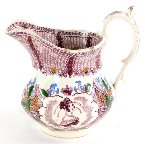 A Royal commemorative Queen Victoria coronation jug, decorated in puce with coloured highlights.