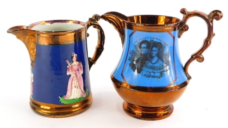 A Royal commemorative copper lustre for The marriage of Queen Victoria and Prince Albert jug, moulded figures of Albert and Victoria on a blue ground, 16cm high, together with a copper lustre Royal commemorative jug, printed in sepia with Queen Victoria a